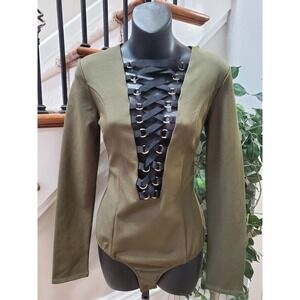 Nude Women's Green Cotton Lace Up Plunge V Neck Back Zipper Bodysuit Size Large